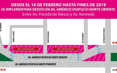 ESTE SÁBADO 16 DE FEBRERO COMIENZA A OPERAR DESVÍO EN AV. AMÉRICO VESPUCIO NORTE, ENTRE AV. PRESIDENTE RIESCO Y AV. KENNEDY, POR CONSTRUCCIÓN DE AUTOPISTA AVO I