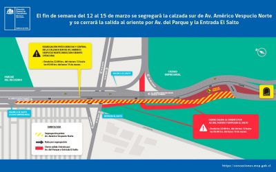 Este fin de semana se segregarán pistas en Av. Américo Vespucio Norte en el sector de Av. El Salto y se cerrará la salida Av. del Parque y la Entrada El Salto