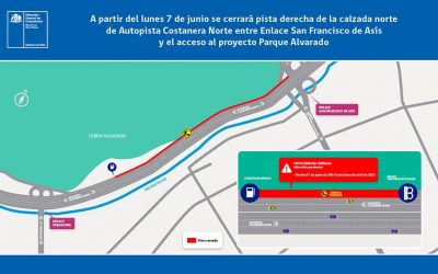 A partir del lunes 7 de junio se cerrará pista derecha de la calzada norte de Autopista Costanera Norte entre Enlace Francisco de Asís y el acceso a Cerro Alvarado