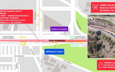 Este fin de semana se ejecutarán cierres en el Túnel San Cristóbal en dirección Huechuraba y subida La Pirámide por trabajos de AVO I